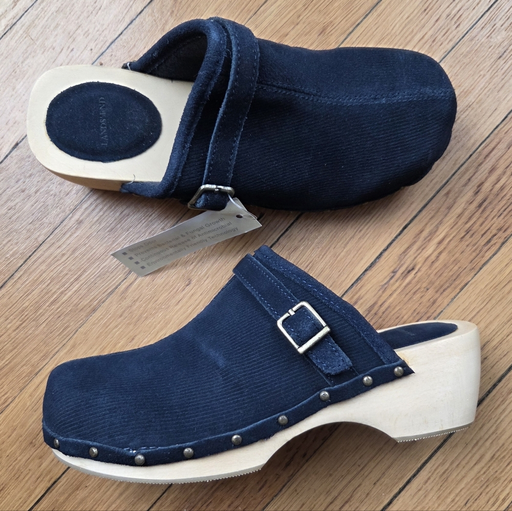 Lands' End Navy Corduroy Clog Mules Stud Accents